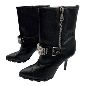 Karl Lagerfeld Mable Women 11 Buckle Rhinestone Leather Boots Black 4" Heel New